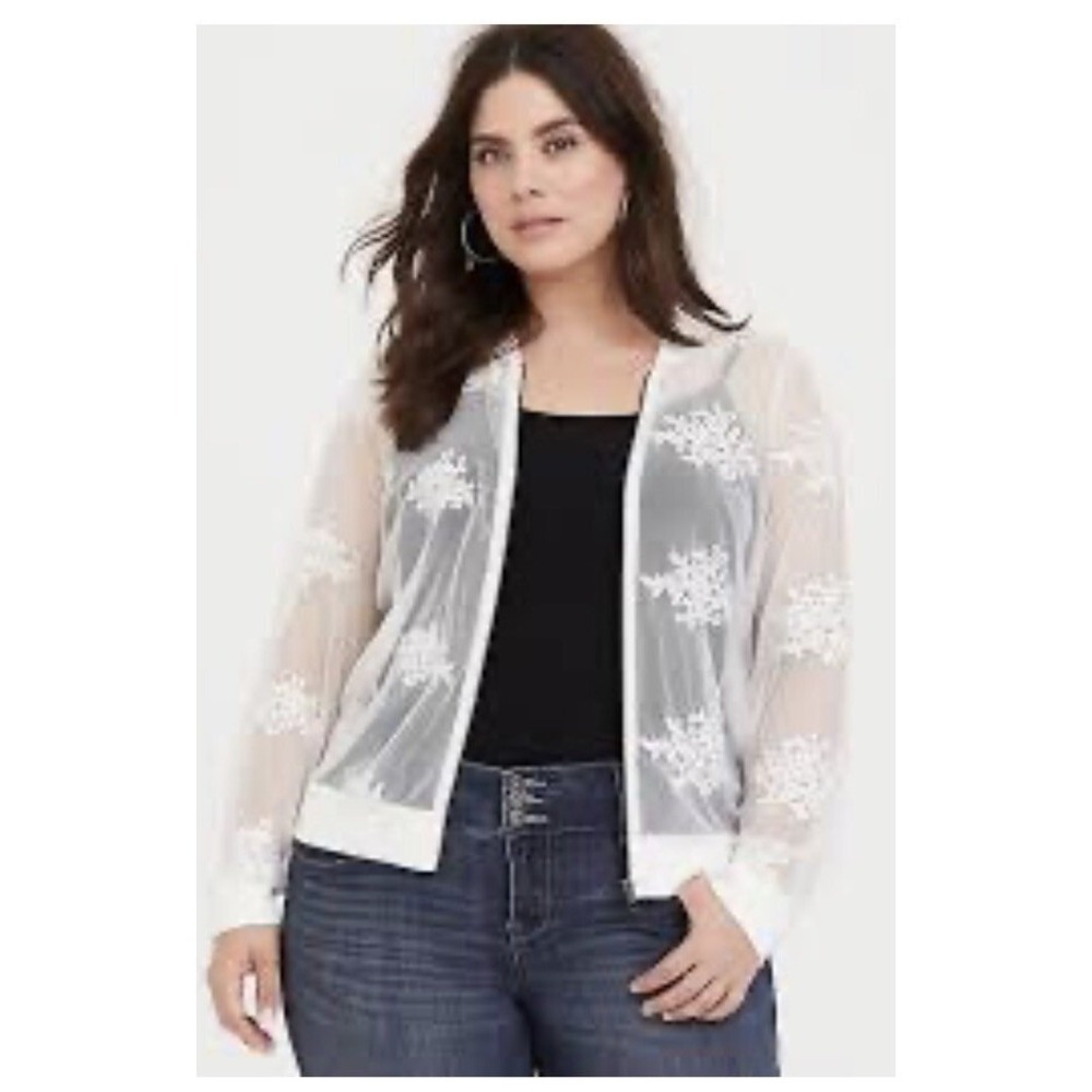 Torrid Size 0 Large Ivory Lace Mesh Embroidered Bomber Jacket Long Sleeve Zip - Picture 2 of 11